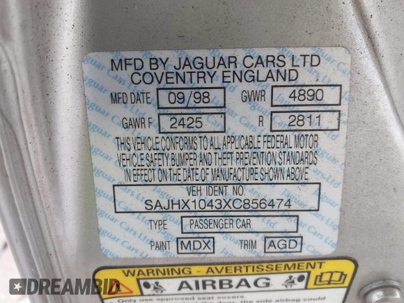 1999 Jaguar XJ with VIN SAJHX1043XC856474, listed as a IAAI auction lot 41626649 with 103,266 mi miles and . Bid and sale history available at DreamBid. Image 9.