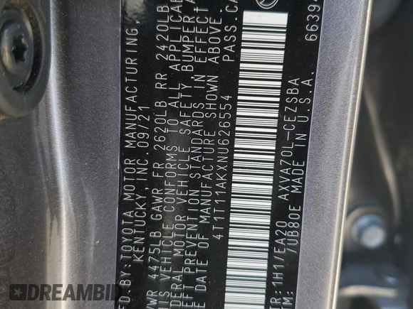 2022 Toyota Camry SE z VIN 4T1T11AKXNU626554, wystawiony jako Copart lot #58643315 z przebiegiem 49 490 mil mil oraz Szkoda całkowita • Salvage title. Historia ofert i sprzedaży dostępna na DreamBid. Obrazek 12.