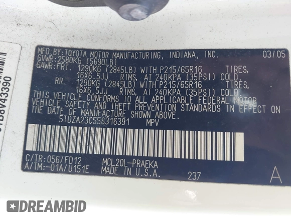 2005 Toyota Sienna CE with VIN 5TDZA23C55S316391, listed as a IAAI auction lot 42062602 with 431,359 mi miles. Bid and sale history available at carsss.com. Image 9.