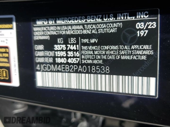 2023 Mercedes-Benz EQS with VIN 4JGDM4EB2PA018538, listed as a Copart auction lot 62095164 with 8,091 mi miles and Salvage Title. Bid and sale history available at carsss.com. Image 14.