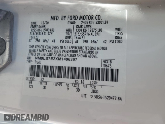 2021 Ford Transit Connect XL with VIN NM0LS7E2XM1496397, listed as a Copart auction lot 62795165 with 175,824 mi miles and Salvage title. Bid and sale history available at DreamBid. Image 13.