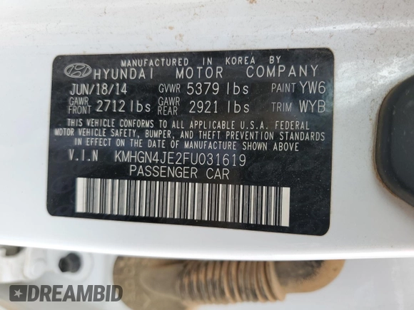 2015 Hyundai Genesis 3.8L z VIN KMHGN4JE2FU031619, wystawiony jako Copart lot #54696515 z przebiegiem 131 465 mil mil oraz Szkoda całkowita • Salvage title. Historia ofert i sprzedaży dostępna na DreamBid. Obrazek 12.