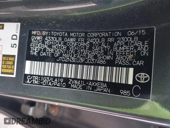 2015 Toyota Prius Two with VIN JTDZN3EU3FJ037486, listed as a IAAI auction lot 42049071 with 18,509 mi miles and . Bid and sale history available at DreamBid. Image 9.