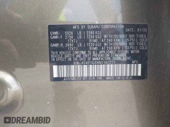 2022 Subaru Outback Wilderness с VIN 4S4BTGUD6N3192211, выставлен на аукционе IAAI как лот 42559027 с пробегом 31 583 миль миль и . История ставок и продаж доступна на DreamBid. Изображение 9.
