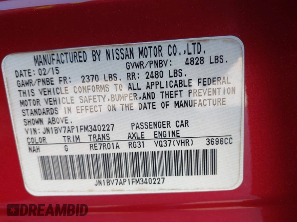 2015 Infiniti Q50 Premium with VIN JN1BV7AP1FM340227, listed as a IAAI auction lot 41662965 with 129,766 mi miles. Bid and sale history available at carsss.com. Image 9.