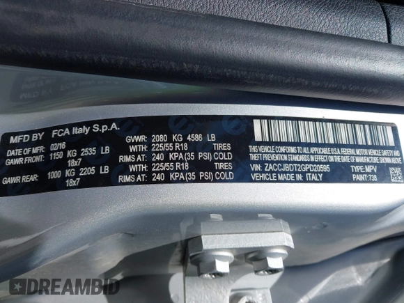 2016 Jeep Renegade Limited with VIN ZACCJBDT2GPD20595, listed as a IAAI auction lot 42122972 with 109,948 mi miles and . Bid and sale history available at DreamBid. Image 9.