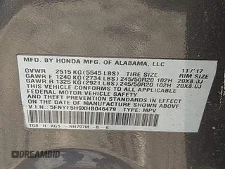2017 Honda Pilot Touring with VIN 5FNYF5H9XHB046479, listed as a IAAI auction lot 41941449 with 162,554 mi miles. Bid and sale history available at carsss.com. Image 9.