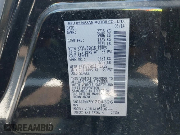 2014 Nissan Pathfinder SV with VIN 5N1AR2MN2EC704326, listed as a IAAI auction lot 42576283 with 168,074 mi miles and . Bid and sale history available at DreamBid. Image 9.