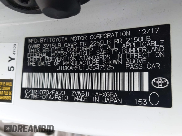 2018 Toyota Prius Two with VIN JTDKARFU1J3547525, listed as a IAAI auction lot 41739561 with 148,300 mi miles. Bid and sale history available at carsss.com. Image 9.