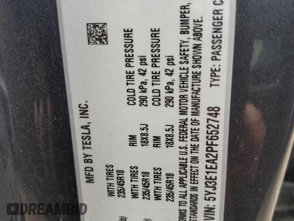 2023 Tesla Model 3 z VIN 5YJ3E1EA2PF652748, wystawiony jako Copart lot #57990705 z przebiegiem 37 922 mil mil oraz Szkoda całkowita • Salvage title. Historia ofert i sprzedaży dostępna na DreamBid. Obrazek 12.