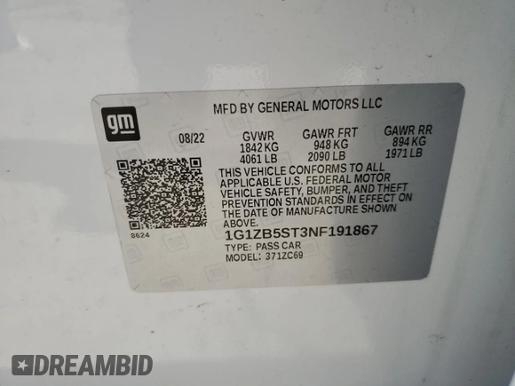 2022 Chevrolet Malibu LS with VIN 1G1ZB5ST3NF191867, listed as a Copart auction lot 48510535 with 45,455 mi miles and Salvage Title. Bid and sale history available at DreamBid. Image 12.