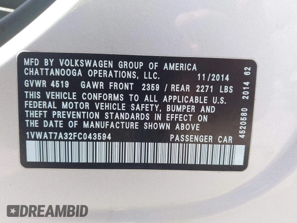 2015 Volkswagen Passat 1.8T Limited Edition with VIN 1VWAT7A32FC043594, listed as a IAAI auction lot 41867799 with 195,144 mi miles. Bid and sale history available at carsss.com. Image 9.