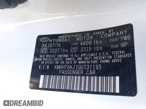 2016 Hyundai Genesis Coupe 3.8L Base with VIN KMHHT6KJ1GU131195, listed as a IAAI auction lot 42620870 with 69,792 mi miles and . Bid and sale history available at DreamBid. Image 9.