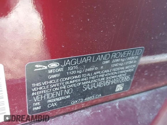 2017 Jaguar XE 35t Premium with VIN SAJAJ4BV6HA972095, listed as a Copart auction lot 43234925 with 57,599 mi miles and Salvage Title. Bid and sale history available at carsss.com. Image 14.