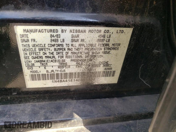 2004 Nissan Maxima SE with VIN 1N4BA41E14C816166, listed as a Copart auction lot 78148944 with 225,588 mi miles and Salvage Title. Bid and sale history available at carsss.com. Image 12.