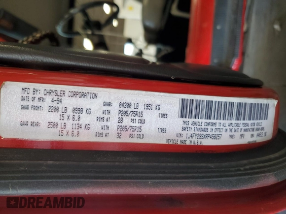 1994 Jeep Wrangler with VIN 1J4FY29SXRP458257, listed as a Copart auction lot 61340525 with 92,004 mi miles and Clean title. Bid and sale history available at DreamBid. Image 12.