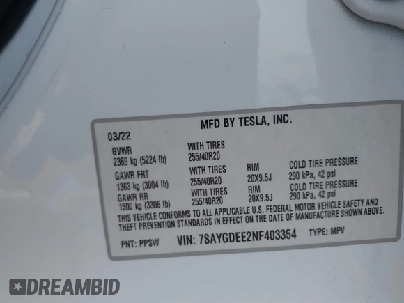 2022 Tesla Model Y Long Range with VIN 7SAYGDEE2NF403354, listed as a IAAI auction lot 41986216 with 53,177 mi miles and . Bid and sale history available at DreamBid. Image 9.