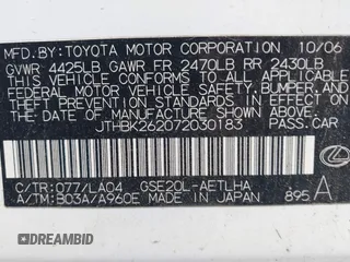 2007 Lexus IS with VIN JTHBK262072030183, listed as a IAAI auction lot 42136154 with 161,916 mi miles. Bid and sale history available at carsss.com. Image 9.