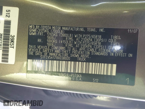 2008 Toyota Tundra z VIN 5TFEV54178X038920, wystawiony jako IAAI lot #41668006 z przebiegiem 217 053 mil mil oraz . Historia ofert i sprzedaży dostępna na DreamBid. Obrazek 9.