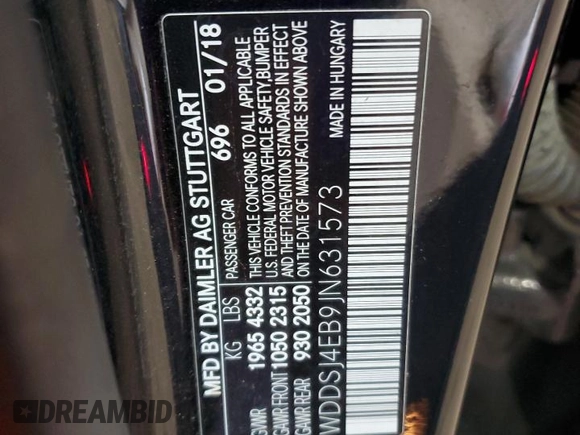 2018 Mercedes-Benz CLA 250 with VIN WDDSJ4EB9JN631573, listed as a Copart auction lot 36942004 with 107,811 mi miles and . Bid and sale history available at DreamBid. Image 13.
