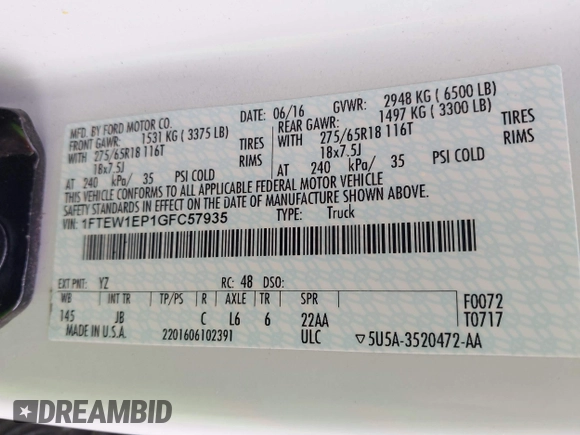 2016 Ford F-150 XLT with VIN 1FTEW1EP1GFC57935, listed as a IAAI auction lot 42349919 with 71,165 mi miles and . Bid and sale history available at DreamBid. Image 9.