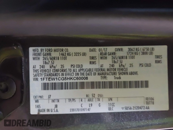 2017 Ford F-150 XL with VIN 1FTEW1CG5HKC60008, listed as a IAAI auction lot 39516967 with 145,413 mi miles. Bid and sale history available at carsss.com. Image 9.