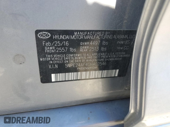 2016 Hyundai Sonata SE with VIN 5NPE24AF4GH402546, listed as a Copart auction lot 55767435 with 121,487 mi miles and Salvage Title. Bid and sale history available at carsss.com. Image 12.