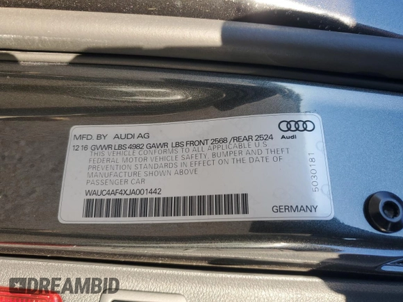 2018 Audi S4 Prestige with VIN WAUC4AF4XJA001442, listed as a Copart auction lot 44804865 with 52,682 mi miles and Salvage Title. Bid and sale history available at carsss.com. Image 14.