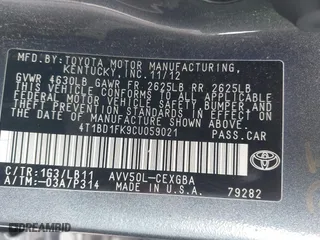 2012 Toyota Camry Hybrid XLE with VIN 4T1BD1FK9CU059021, listed as a IAAI auction lot 41932696 with 194,292 mi miles. Bid and sale history available at carsss.com. Image 9.