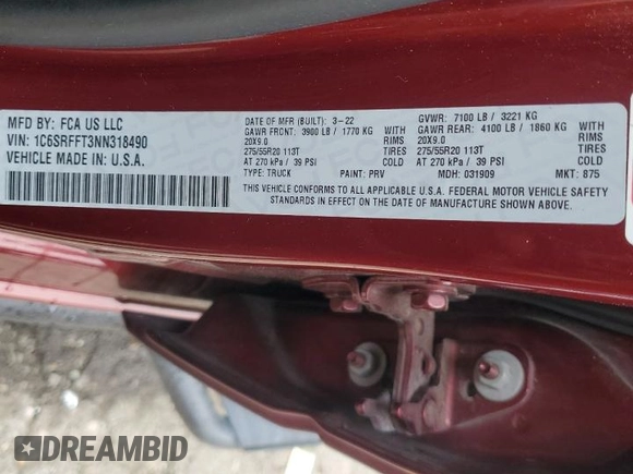 2022 Ram 1500 Big Horn with VIN 1C6SRFFT3NN318490, listed as a Copart auction lot 59371225 with 35,339 mi miles and Salvage title. Bid and sale history available at DreamBid. Image 12.