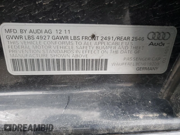 2012 Audi A4 2.0T Premium Plus with VIN WAUFFAFL3CN019209, listed as a Copart auction lot 48159165 with 150,487 mi miles and Salvage Title. Bid and sale history available at carsss.com. Image 15.