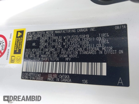 2015 Lexus RX 350 with VIN 2T2ZK1BA9FC163706, listed as a IAAI auction lot 42065373 with 180,297 mi miles and . Bid and sale history available at DreamBid. Image 9.