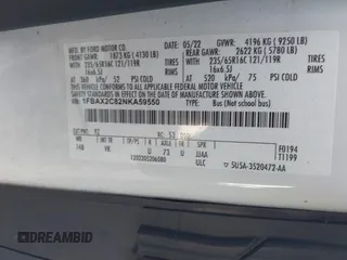 2022 Ford Transit Passenger XL with VIN 1FBAX2C82NKA59550, listed as a IAAI auction lot 41753792 with 46,019 mi miles and . Bid and sale history available at DreamBid. Image 9.