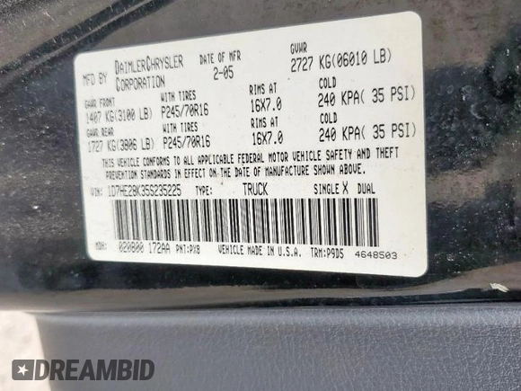 2005 Dodge Dakota ST z VIN 1D7HE28K35S235225, wystawiony jako Copart lot #57684725 z przebiegiem 184 546 mil mil oraz Szkoda całkowita • Salvage title. Historia ofert i sprzedaży dostępna na DreamBid. Obrazek 13.