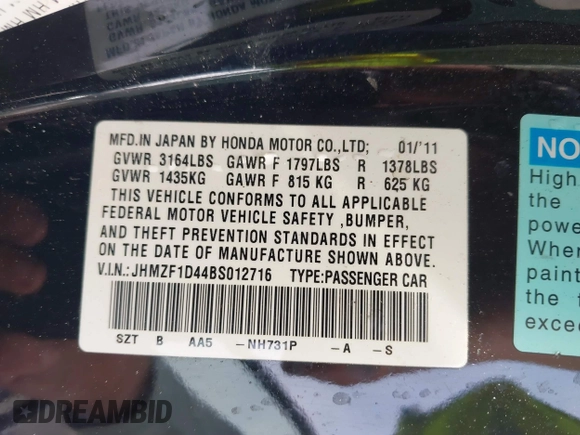 2011 Honda CR-Z with VIN JHMZF1D44BS012716, listed as a IAAI auction lot 41378990 with 170,844 mi miles. Bid and sale history available at carsss.com. Image 9.