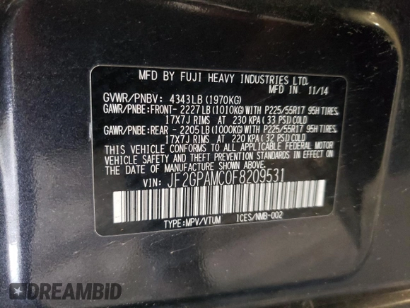 2015 Subaru Crosstrek Limited with VIN JF2GPAMC0F8209531, listed as a Copart auction lot 58831395 with 210,902 mi miles and Salvage title. Bid and sale history available at DreamBid. Image 13.