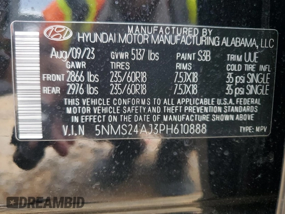 2023 Hyundai Santa Fe SEL with VIN 5NMS24AJ3PH610888, listed as a Copart auction lot 47341125 with 25,450 mi miles and Salvage Title. Bid and sale history available at DreamBid. Image 15.