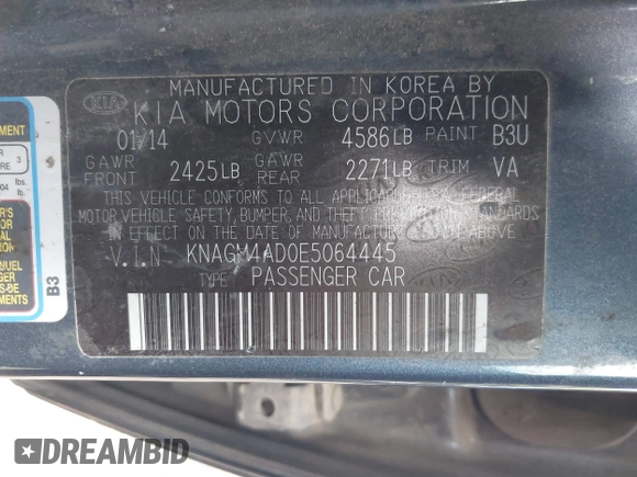 2014 Kia Optima LX with VIN KNAGM4AD0E5064445, listed as a IAAI auction lot 42204163 with 115,976 mi miles and . Bid and sale history available at DreamBid. Image 9.