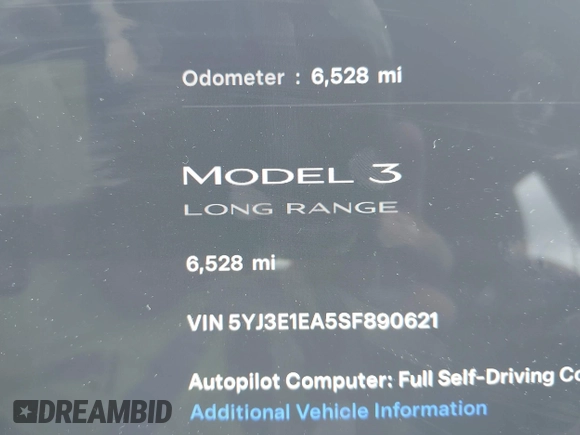 2025 Tesla Model 3 Long Range with VIN 5YJ3E1EA5SF890621, listed as a IAAI auction lot 41924915 with 6,528 mi miles and . Bid and sale history available at DreamBid. Image 15.