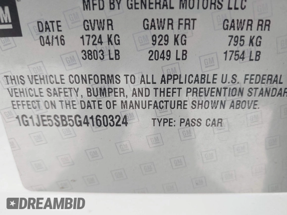 2016 Chevrolet Sonic LTZ z VIN 1G1JE5SB5G4160324, wystawiony jako IAAI lot #42162934 z przebiegiem 56 551 mil mil oraz . Historia ofert i sprzedaży dostępna na DreamBid. Obrazek 9.