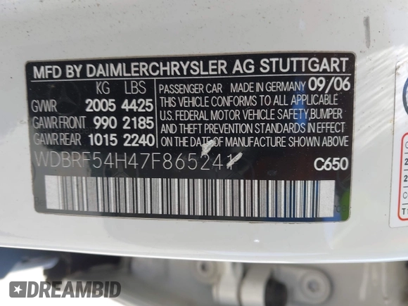 2007 Mercedes-Benz C 280 Luxury with VIN WDBRF54H47F865241, listed as a IAAI auction lot 42604637 with Not provided miles and . Bid and sale history available at DreamBid. Image 9.