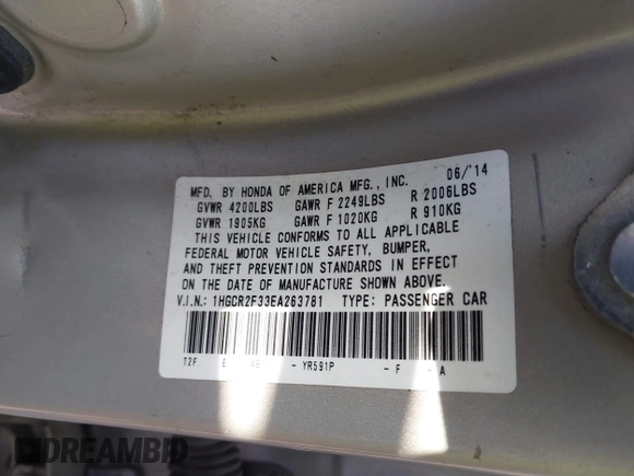 2014 Honda Accord Sedan LX with VIN 1HGCR2F33EA263781, listed as a IAAI auction lot 41822524 with 167,102 mi miles. Bid and sale history available at carsss.com. Image 9.