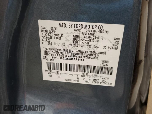 2012 Ford Escape Limited с VIN 1FMCU9EG6CKA71154, выставлен на аукционе Copart как лот 58209365 с пробегом 184 676 миль миль и Списание • Salvage title. История ставок и продаж доступна на DreamBid. Изображение 14.