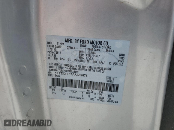 2010 Ford F-150 XL with VIN 1FTEX1E87AFA89876, listed as a Copart auction lot 59507555 with 185,483 mi miles and Clean title. Bid and sale history available at DreamBid. Image 12.