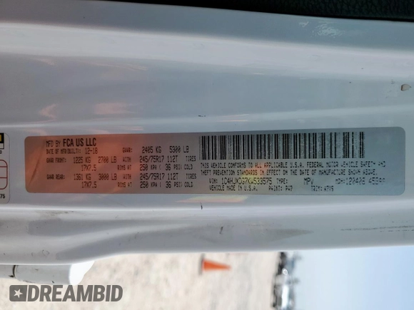 2019 Jeep Wrangler Unlimited Sport S with VIN 1C4HJXDG7KW533575, listed as a Copart auction lot 57068125 with 77,669 mi miles and Salvage title. Bid and sale history available at DreamBid. Image 13.
