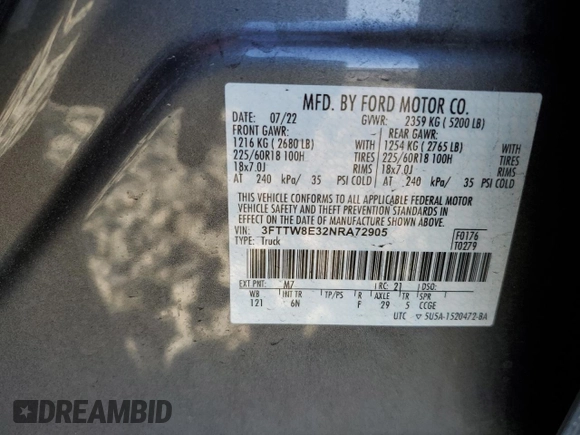 2022 Ford Maverick XL with VIN 3FTTW8E32NRA72905, listed as a Copart auction lot 53434865 with 43,702 mi miles and Salvage Title. Bid and sale history available at DreamBid. Image 13.