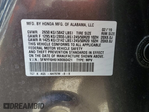 2019 Honda Pilot Touring 7-Passenger with VIN 5FNYF6H61KB060421, listed as a Copart auction lot 49460295 with 41,362 mi miles and Salvage Title. Bid and sale history available at DreamBid. Image 14.
