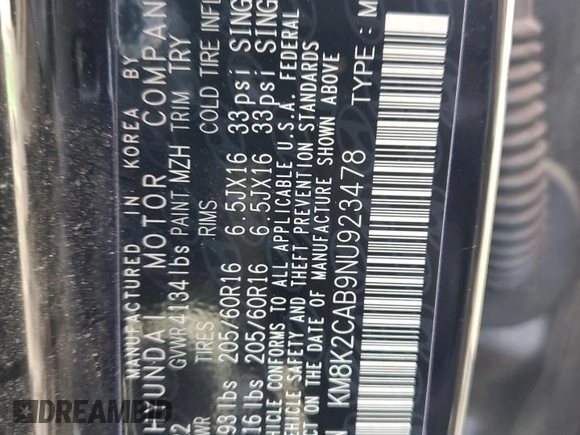 2022 Hyundai Kona SE with VIN KM8K2CAB9NU923478, listed as a Copart auction lot 46945545 with 59,533 mi miles and Salvage Title. Bid and sale history available at carsss.com. Image 13.