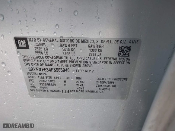 2015 Cadillac SRX Performance Collection with VIN 3GYFNFE34FS585940, listed as a IAAI auction lot 41138984 with NaN miles. Bid and sale history available at carsss.com. Image 9.