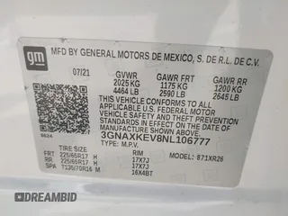 2022 Chevrolet Equinox LT with VIN 3GNAXKEV8NL106777, listed as a IAAI auction lot 42013199 with 52,863 mi miles. Bid and sale history available at carsss.com. Image 9.